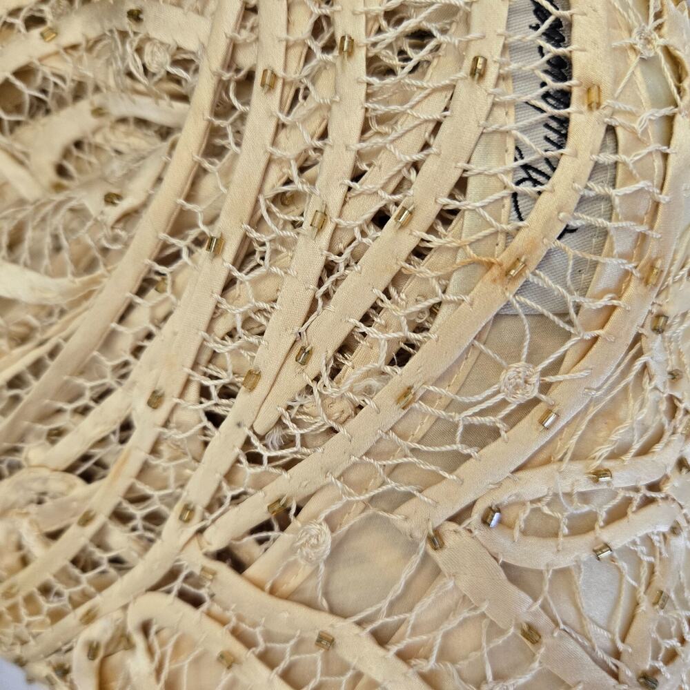 Vintage 80s Top Womens 2X Ivory 100% Silk Crochet Lace‎ Scallop Gold Beaded Glam - Picture 3 of 10